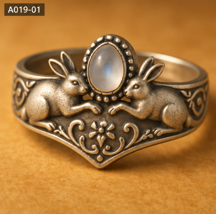 Double Rabbit Gazing Moonstone Ring 10g Genuine Silver Lucky Animal Ring