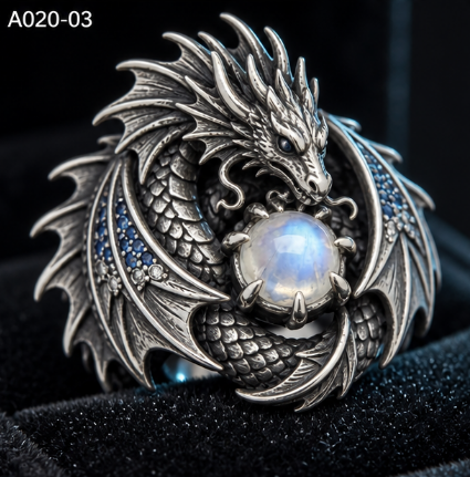 Dragon Wrapped Moonstone Ring 10g Genuine Silver Mythical Statement Ring