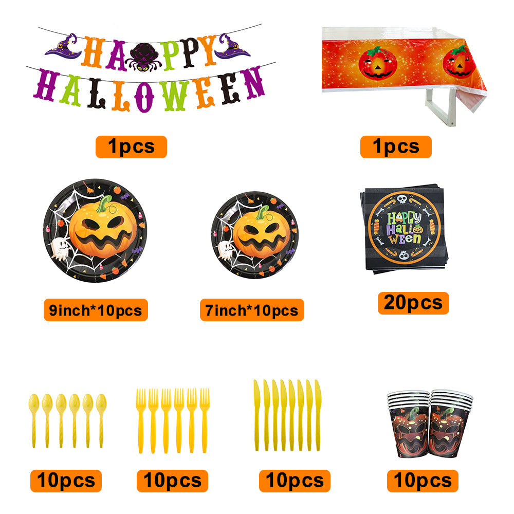 Halloween Pumpkin Design Disposable Tableware Tablecloth Banner Kits Halloween Party Decorations Supplies