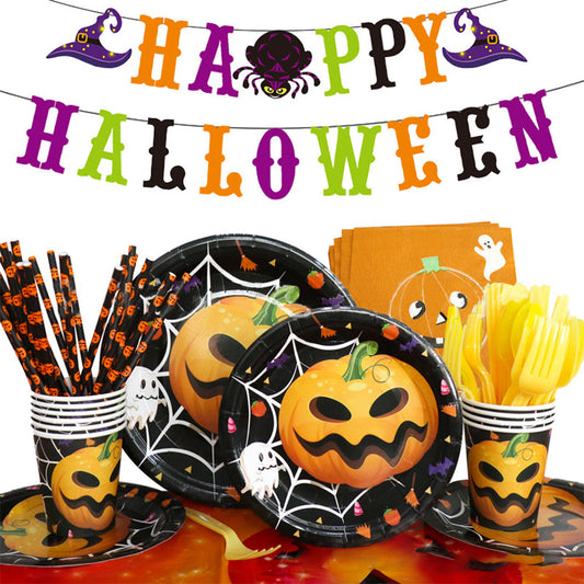 Halloween Pumpkin Design Disposable Tableware Tablecloth Banner Kits Halloween Party Decorations Supplies