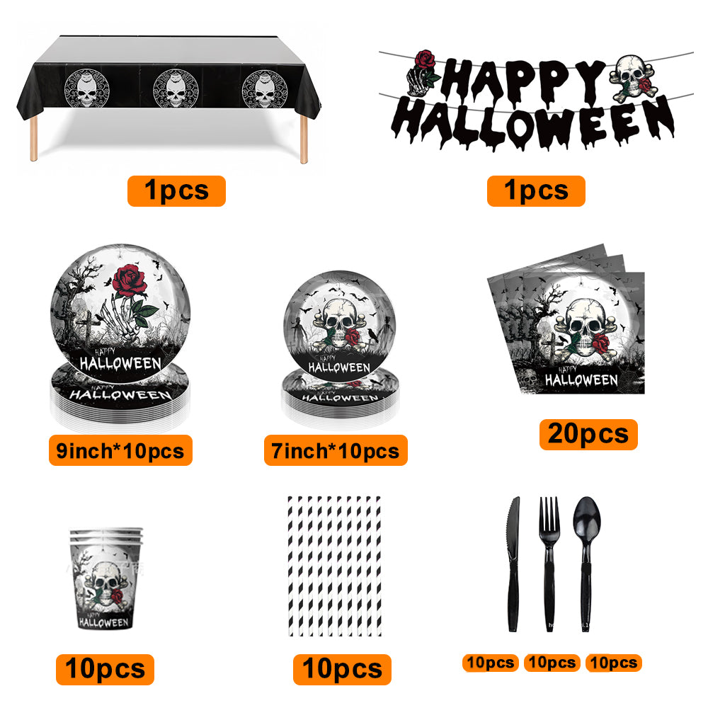 Halloween Skull Design Disposable Tableware Tablecloth Banner Kits Halloween Party Decorations Supplies