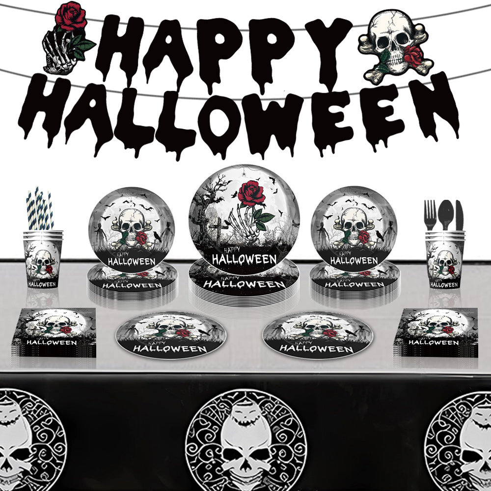 Halloween Skull Design Disposable Tableware Tablecloth Banner Kits Halloween Party Decorations Supplies