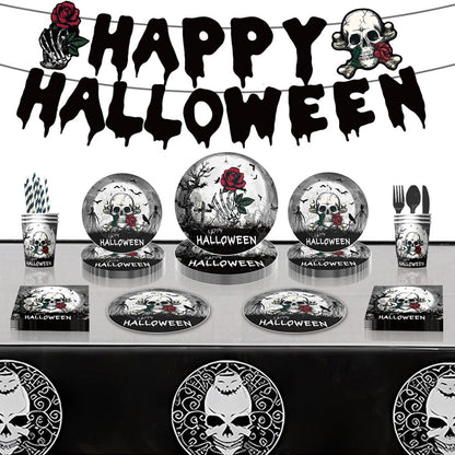 Halloween Skull Design Disposable Tableware Tablecloth Banner Kits Halloween Party Decorations Supplies