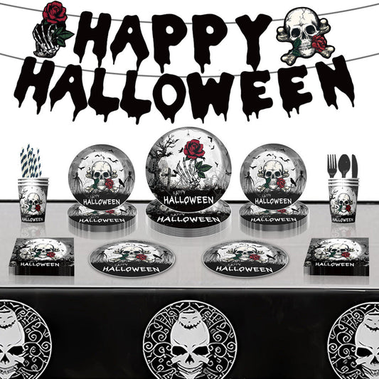 Halloween Skull Design Disposable Tableware Tablecloth Banner Kits Halloween Party Decorations Supplies