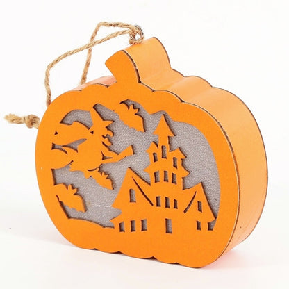 Halloween Flying Witch Scene Wooden Pumpkin Light