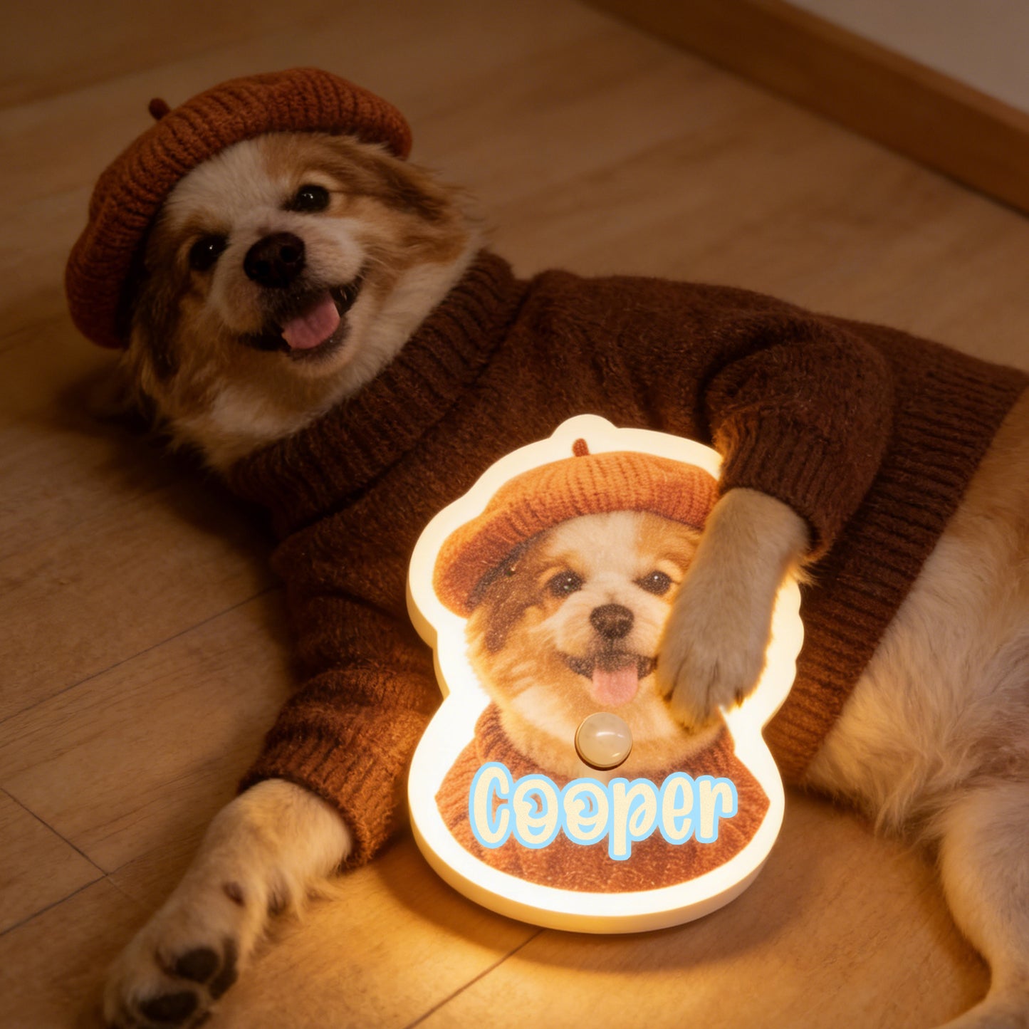Personalized pet photo night light wall lamp with motion sensor, featuring custom cat and dog images for pet lovers.
