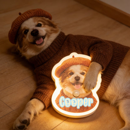 Personalized pet photo night light wall lamp with motion sensor, featuring custom cat and dog images for pet lovers.