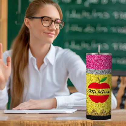 Personalized Glitter Apple Teacher Tumbler – 20oz Skinny with Lid & Straw