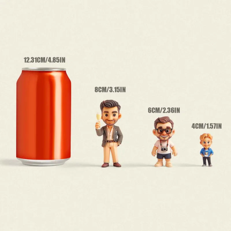 Custom 3D mini figure keychain from MadeMine featuring a personalized doll based on a photo, shown with detailed facial features and accessories.