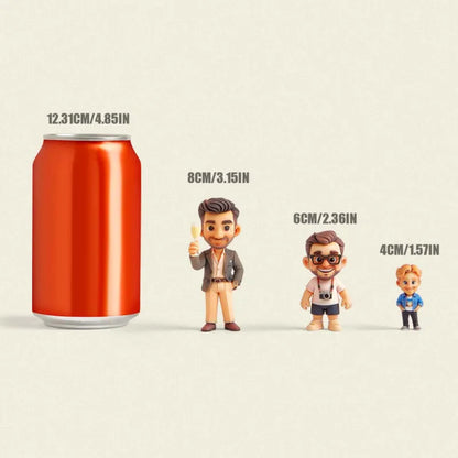 Custom 3D mini figure keychain from MadeMine featuring a personalized doll based on a photo, shown with detailed facial features and accessories.