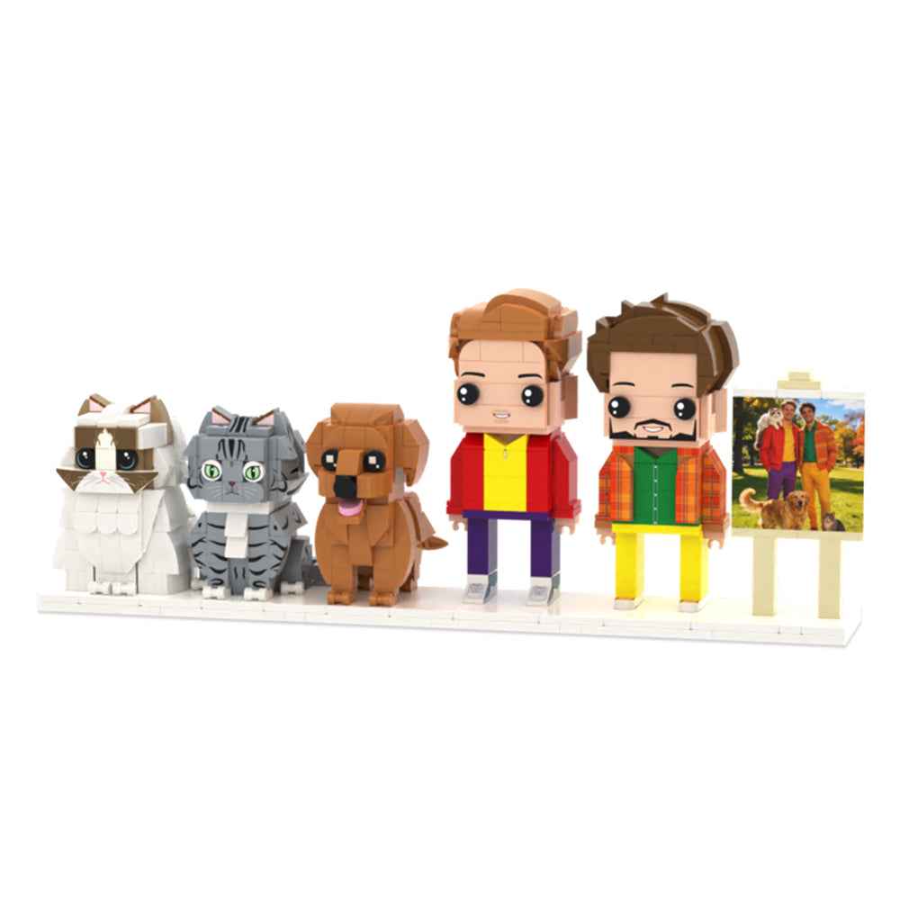 Custom Full-Body Brick Figures of 2 People, 1 Dog & 2 Cats with Frame Anniversary Gift Birthday Gift Christmas Gift for Pet Lover