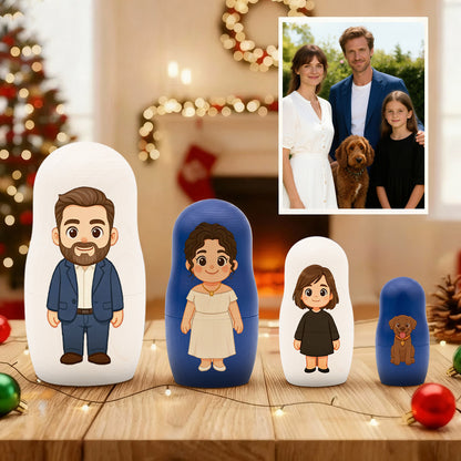 (5 Working Days Production) Personalized Family Portrait Nesting Doll with Box Custom Photo into Cartoon Style Preview Christmas Gift