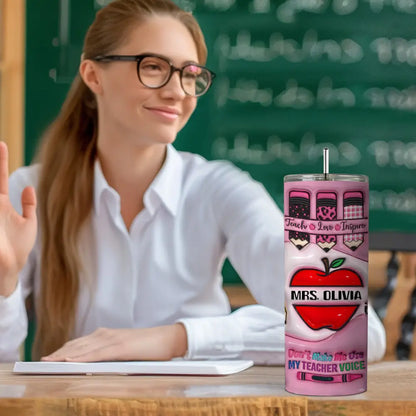 Personalized 3D Apple & Pencil Teacher Tumbler – 20oz Skinny with Lid & Straw