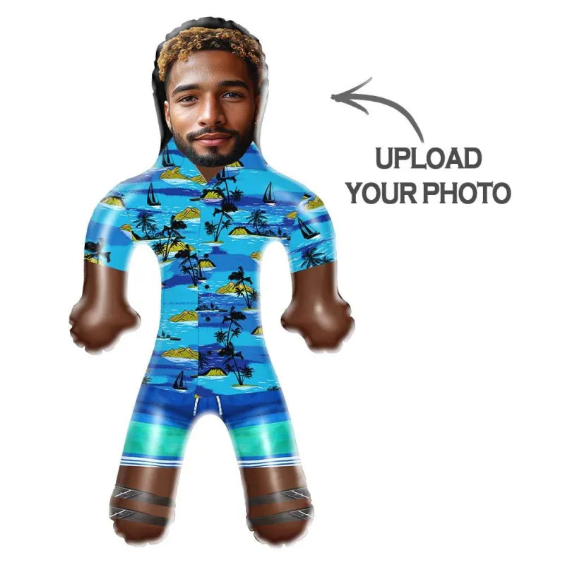 MadeMine personalized inflatable blow-up doll Hawaiian shirt with flowers and leaves, featuring printed face, for party favors.