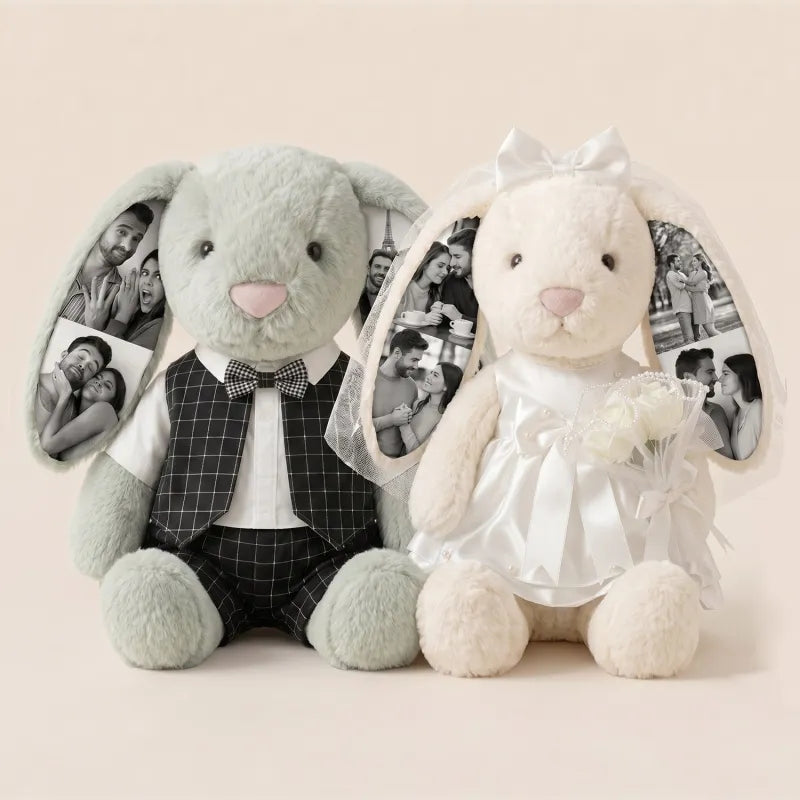 Custom Photo 40cm Wedding Bunny Plush – Personalized Bride & Groom Gift