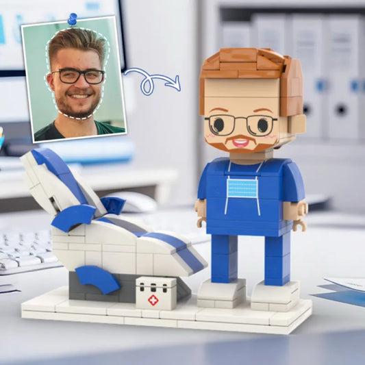 Personalized Head Custom Text Brick Figures Wearing Blue Uniform 