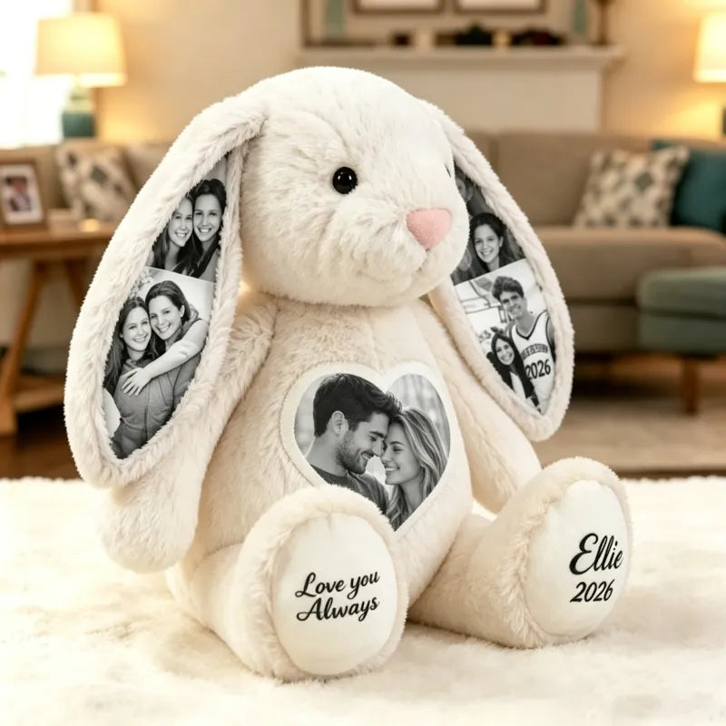 Personalized Illustration Bunny Plush – Custom Photo & Text Anniversary Gift