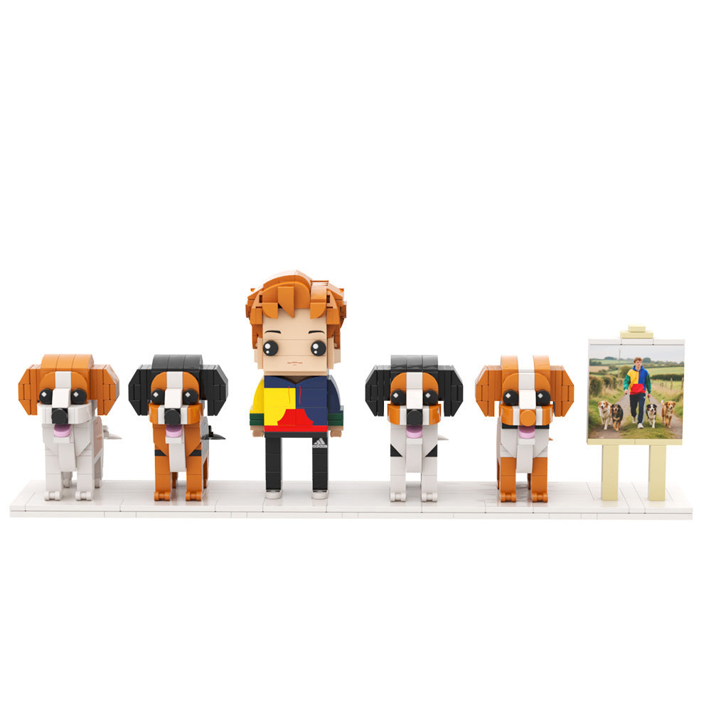Figuras de ladrillo personalizadas de cuerpo completo de una persona y cuatro perros con marco. Regalo de aniversario personalizado. Regalo de cumpleaños.