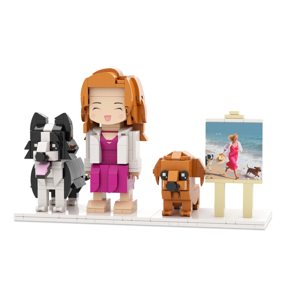  Full-Body Cute Brick Figures of 1 Person and 2 Dogs with Frame