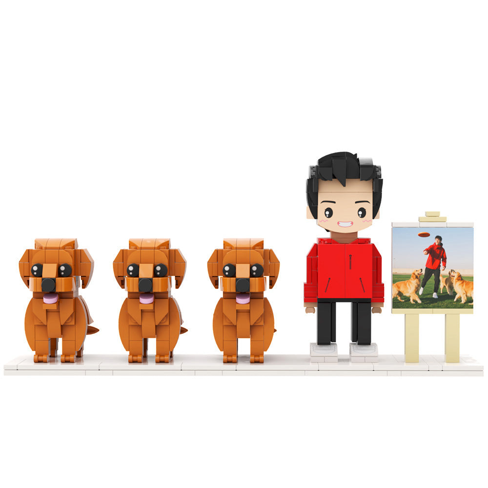 Custom Full-Body Cute Brick Figures of 1 Person and 3 Dogs with Frame 22
