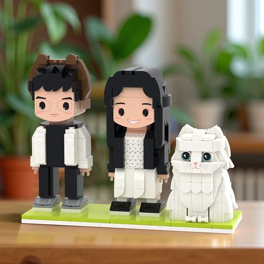Figuras de ladrillos adorables personalizables de cuerpo completo para 2 personas, figuras de ladrillos personalizadas con gato, juguete de bloques de partículas pequeñas