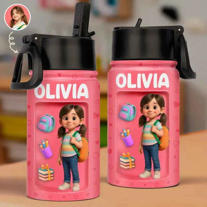 Custom Photo 3D Inflated Effect Printed Kids Water Bottle - Personalized Back To School Gifts For Kids
