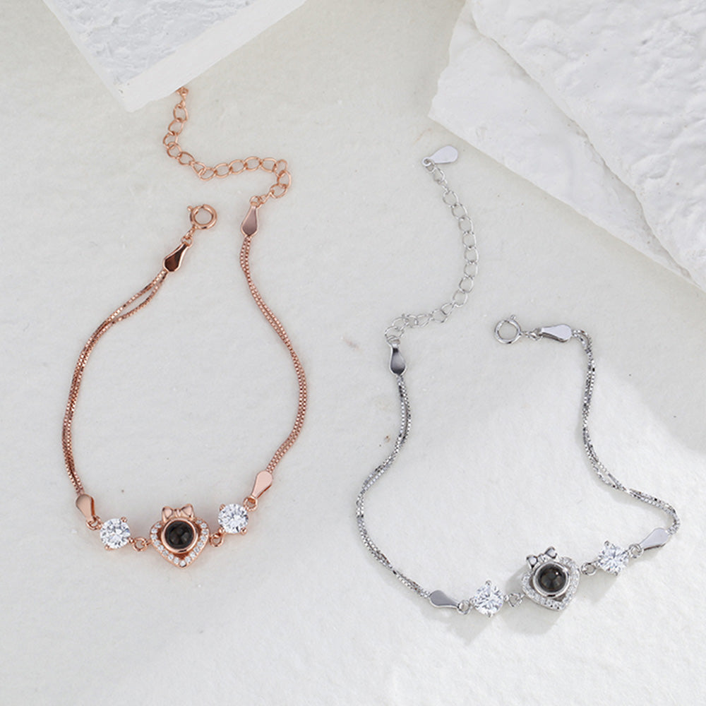 Gepersonaliseerde armband met strik en hartje, projectiearmband van 925 sterling zilver