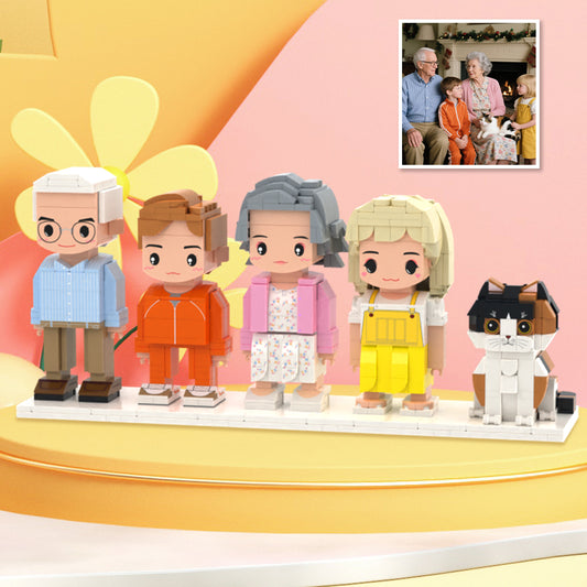 Brick Figures of 4 People and 1 Cat 