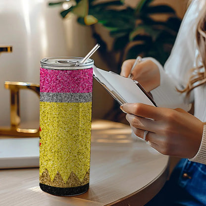Personalized Glitter Apple Teacher Tumbler – 20oz Skinny with Lid & Straw