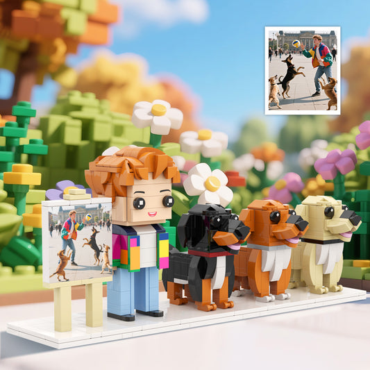 Custom Full-Body Brick Figures of 1 Person and 3 Dogs with Frame