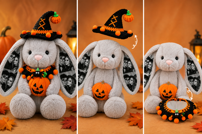 Custom Photo Deluxe Halloween Bunny Plush, Personalized Photo Ears Rabbit with Pumpkin, Witch Hat & Halloween Bib, Couple Gift