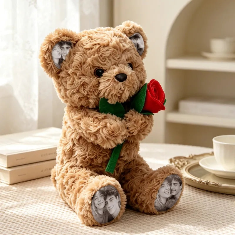 Custom Photo Teddy Bear with Rose – Personalized Plush Bear Gift