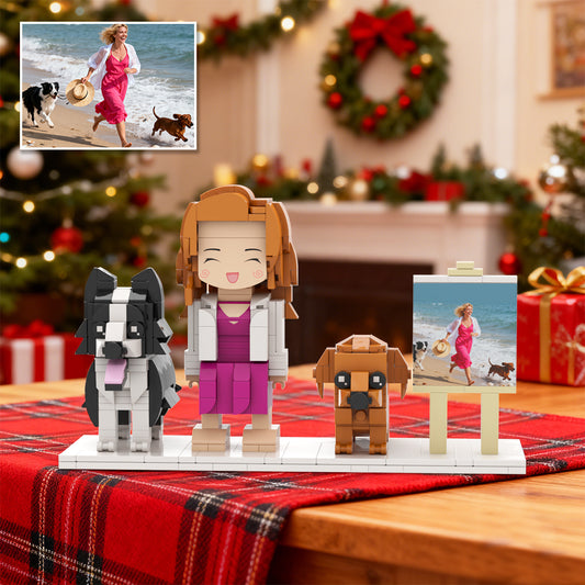  Full-Body Cute Brick Figures of 1 Person and 2 Dogs with Frame
