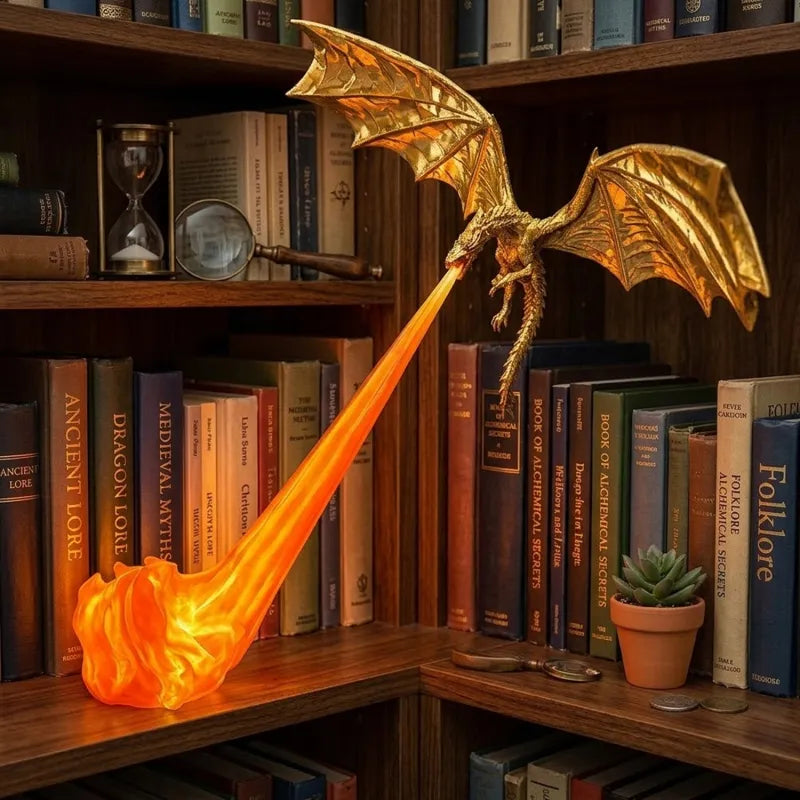 Halloween Dragon Flame Book Nook – Glowing Fire Dragon Bookshelf Insert, Spooky Fantasy Decor with LED Light for Haunted Home & Book Lovers
