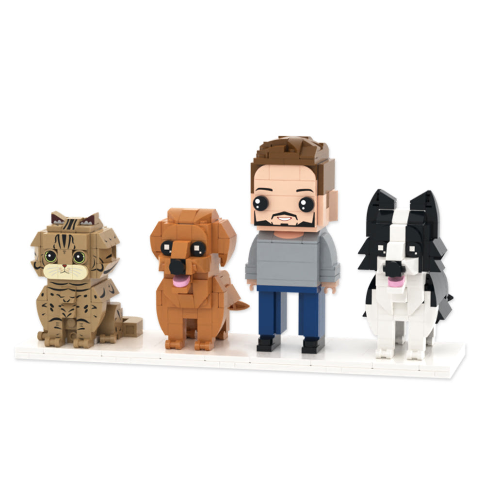 Custom Full-Body Brick Figures of 1 Person, 2 Dogs & 1 Cat