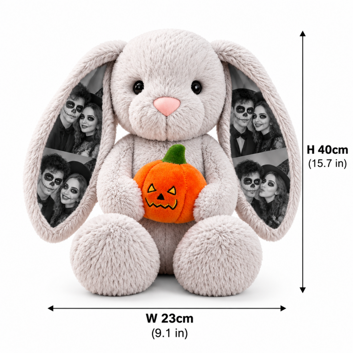 Custom Photo Deluxe Halloween Bunny Plush, Personalized Photo Ears Rabbit with Pumpkin, Witch Hat & Halloween Bib, Couple Gift