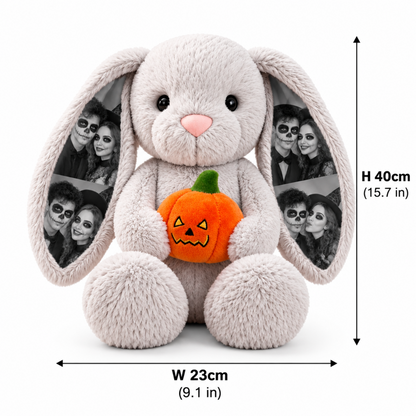 Custom Photo Deluxe Halloween Bunny Plush, Personalized Photo Ears Rabbit with Pumpkin, Witch Hat & Halloween Bib, Couple Gift