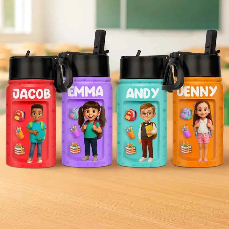 Custom Photo 3D Inflated Effect Printed Kids Water Bottle - Personalized Back To School Gifts For Kids