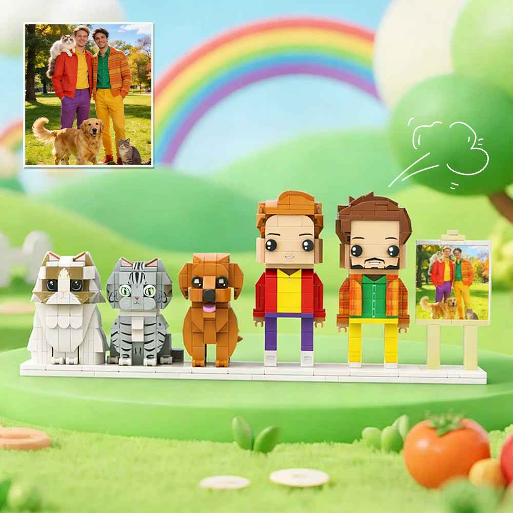 Custom Full-Body Brick Figures of 2 People, 1 Dog & 2 Cats with Frame Anniversary Gift Birthday Gift Christmas Gift for Pet Lover