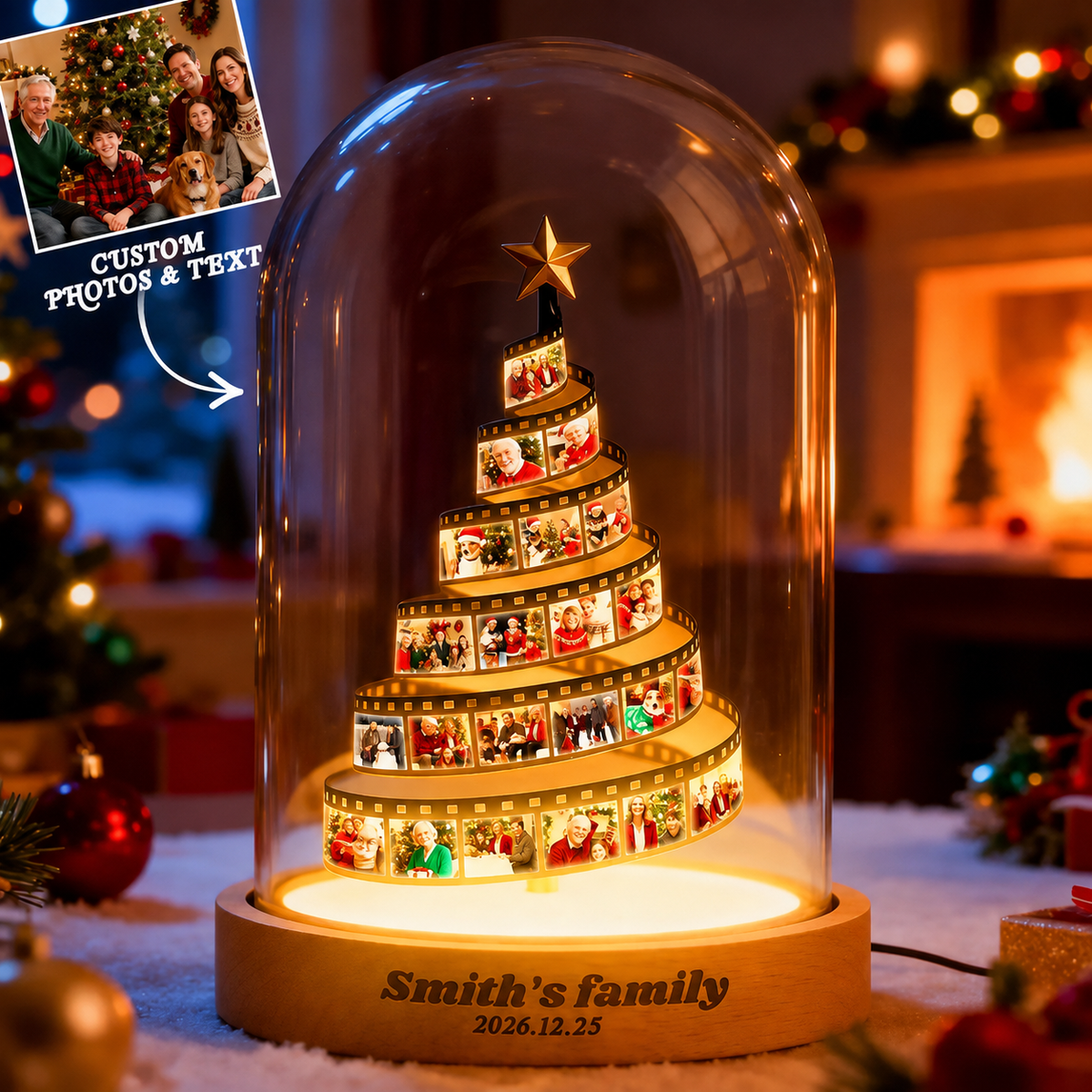 Custom Photo Film Christmas Tree Night Light, Personalized Family Photo Keepsake with Engraved Wood Base, Christmas Gift