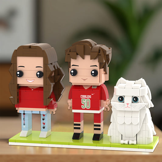 Figuras de ladrillo personalizables de cuerpo completo para 2 personas, figuras de ladrillo personalizadas con gato, juguete de bloques de partículas pequeñas