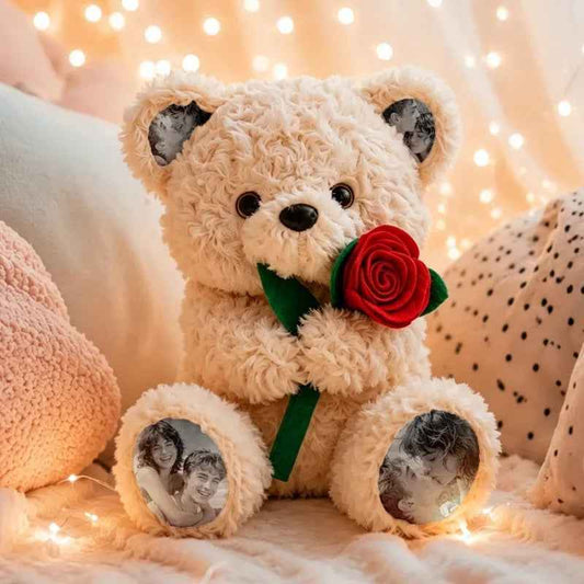 Custom Photo Teddy Bear with Rose – Personalized Plush Bear Gift