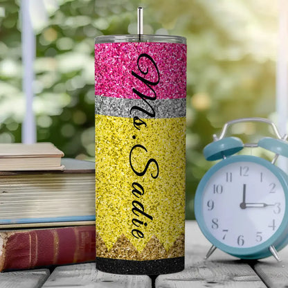 Personalized Glitter Apple Teacher Tumbler – 20oz Skinny with Lid & Straw