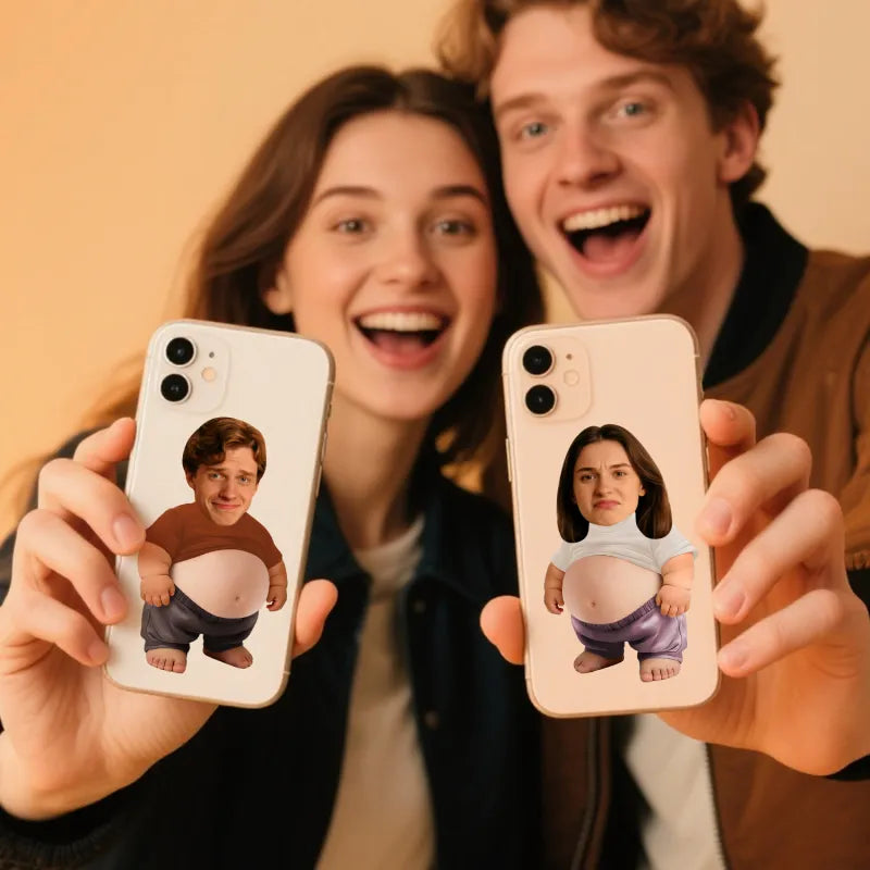 Soft squishy belly sticker with custom face design, made by MadeMine, featuring a personalized photo and a cute, fun anti-collision accessory.