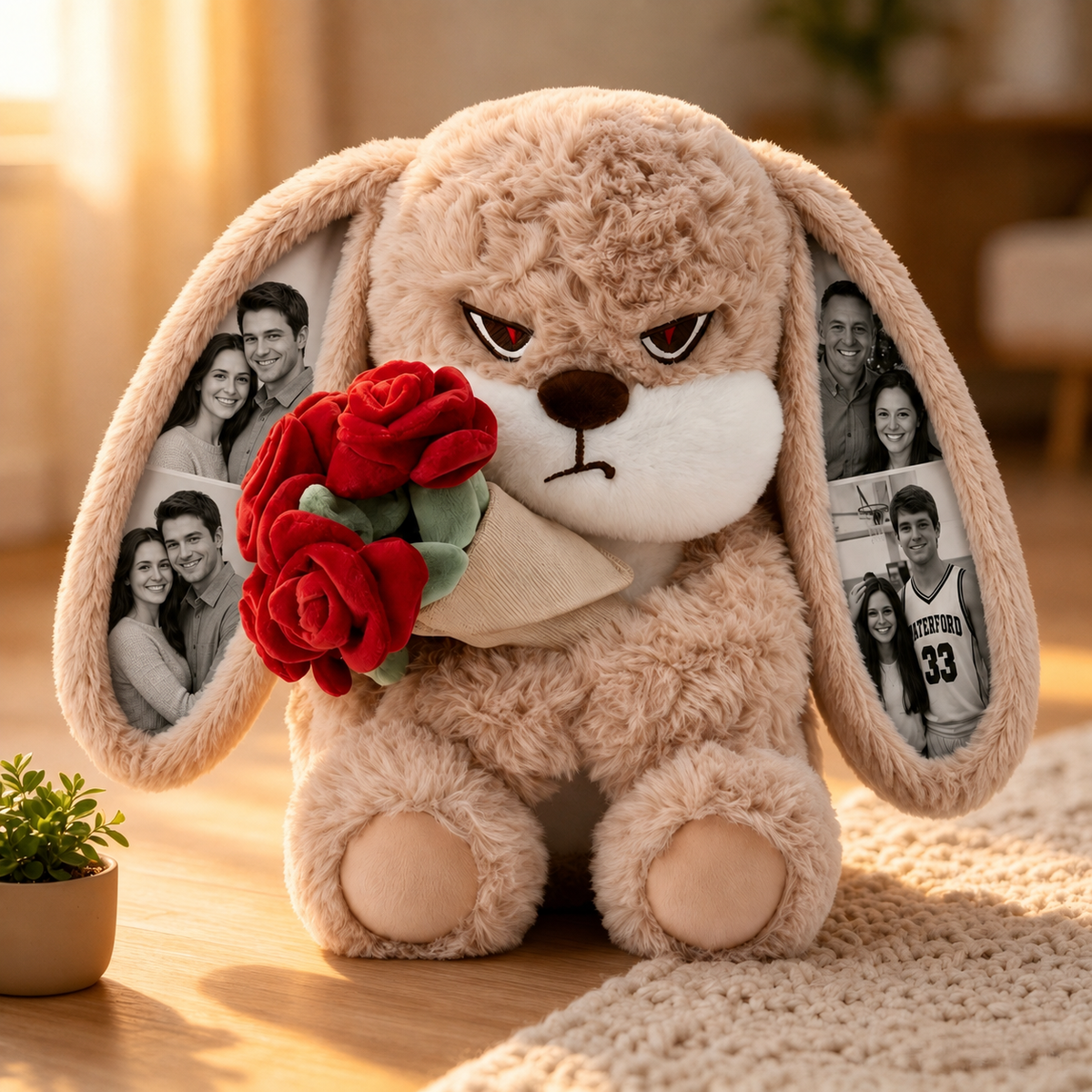 Personalized Grumpy Bunny Plush with Custom Photo Ears and Roses, Romantic Gift for Couples
