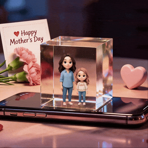3D cartoon double-person hologram image gift by MadeMine, featuring vibrant holographic material for Mother's Day celebration
