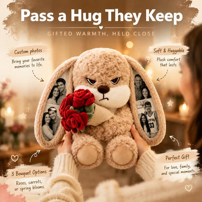 Personalized Grumpy Bunny Plush with Custom Photo Ears and Roses, Romantic Gift for Couples