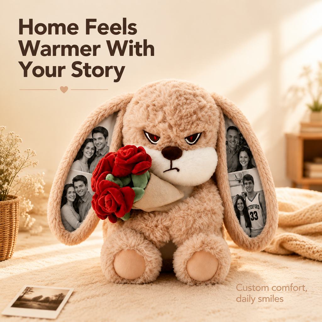 Personalized Grumpy Bunny Plush with Custom Photo Ears and Roses, Romantic Gift for Couples