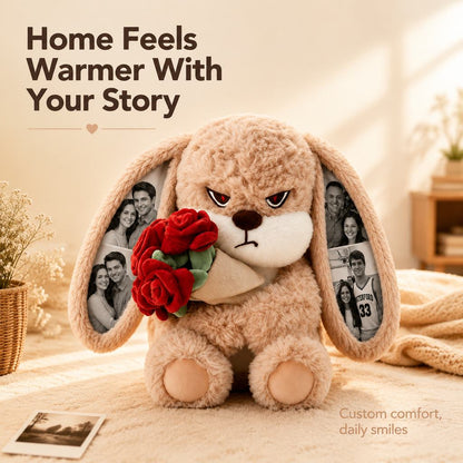 Personalized Grumpy Bunny Plush with Custom Photo Ears and Roses, Romantic Gift for Couples