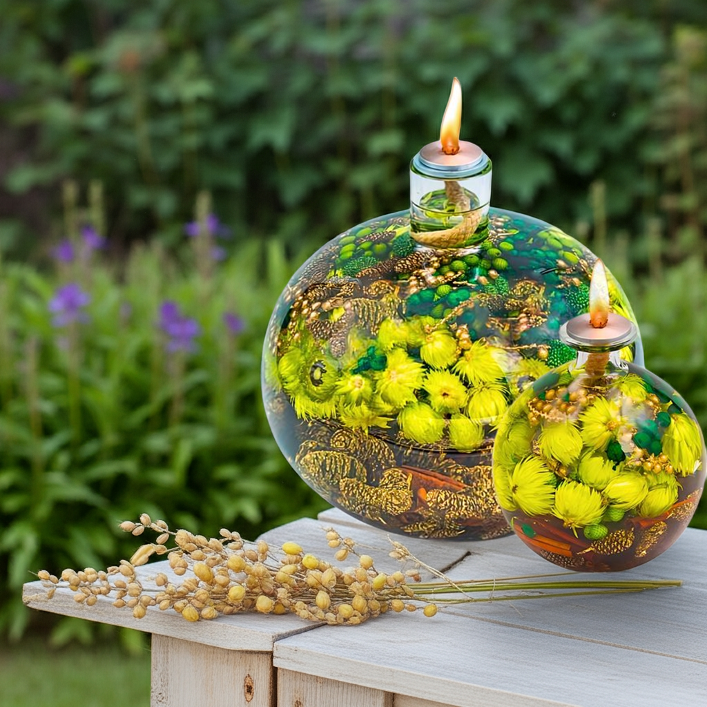 Refillable Glass Oil Lamp - Cozy Home Decor with Dried Flowers - Scentless & Handmade - 50+ Hours Burn Time